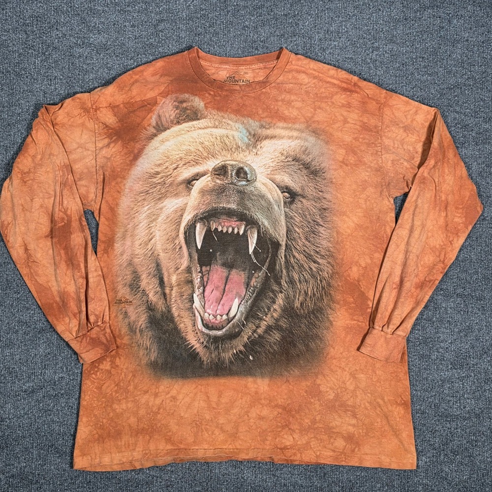The Mountain Grizzly Bear Roaring Tie Dye Long Sleeve Shirt Men 2XL Brown Orange